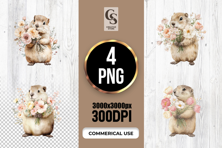 Cute Watercolor Marmot With Flowers Clipart Sublimation PNG