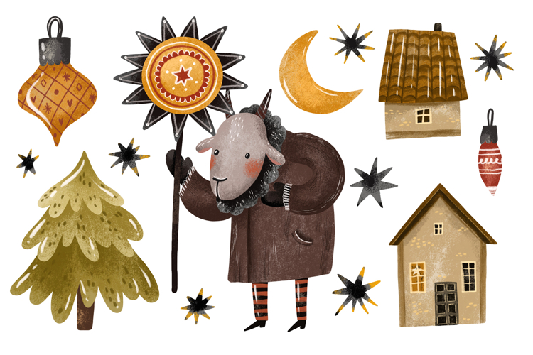 Illustration with Goat in Coat with Christian Star Christmas