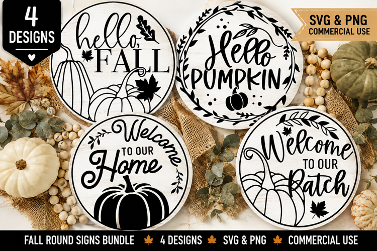 Fall Round Signs SVG PNG, Hello Pumpkin Farmhouse Signs