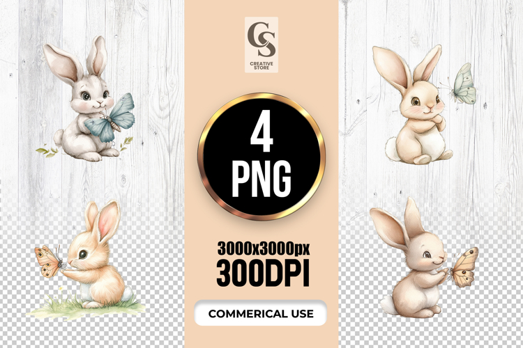 Watercolor Bunny with Butterfly Clipart Sublimation PNG