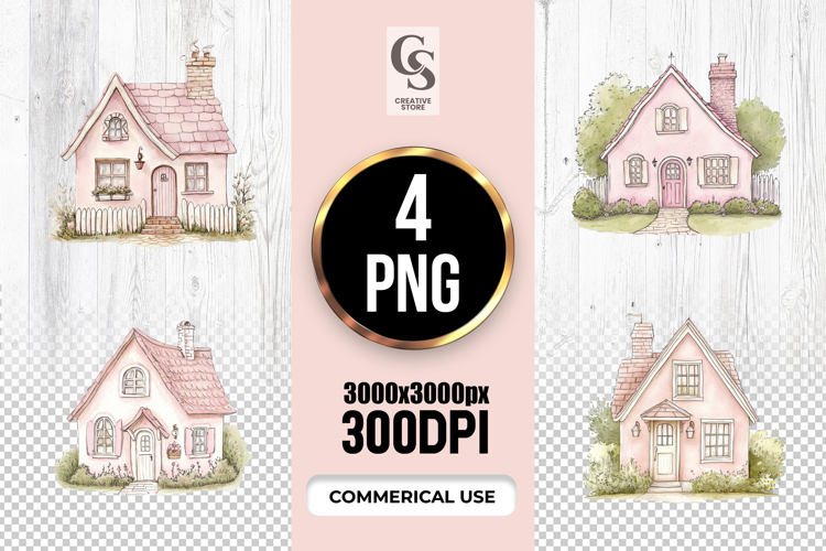 Pink Cottage House Watercolor PNG