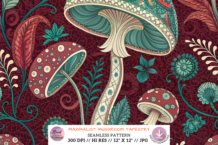 Maximalist Mushroom Tapestry Ornate Pattern, Seamless Patter