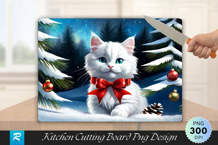 Ginger Kitten Snowy Hill with Christmas Stars Cutting Board