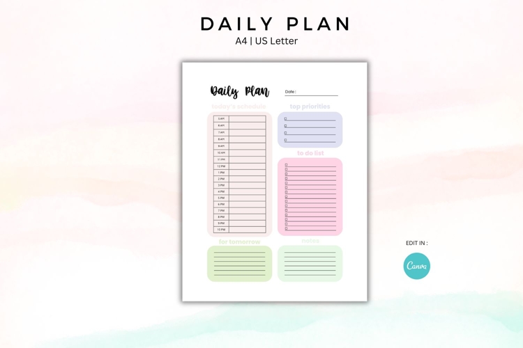 Daily Planner Printable A4 US Letter Canva Template