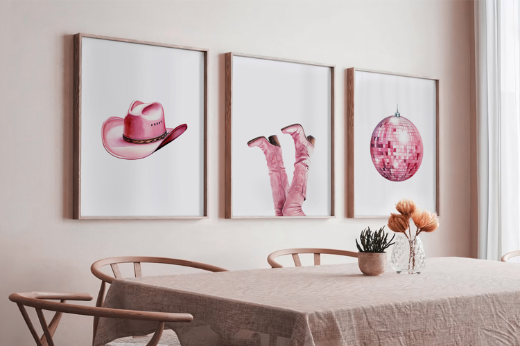 Pink Cowgirl Boots Set of 3 Prints