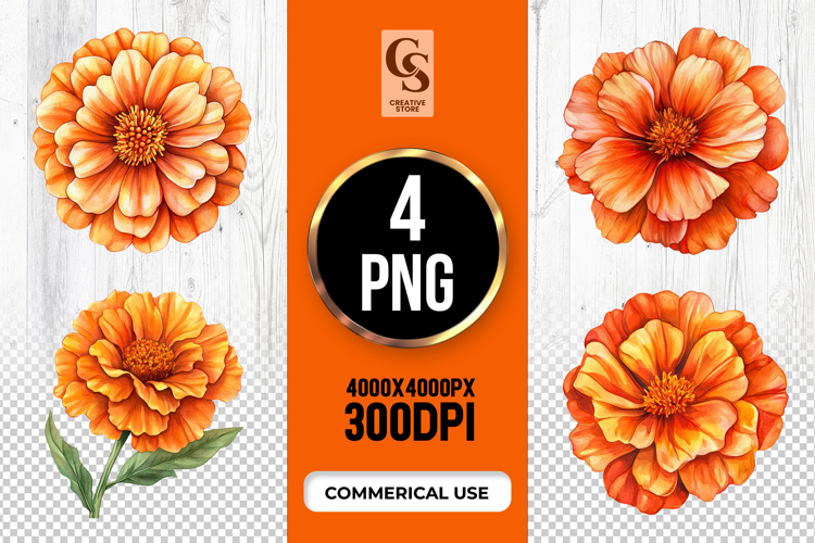 Orange Marigold Flower Clipart Sublimation PNG example image 1