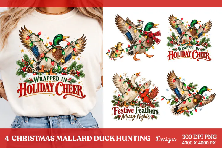 4 Christmas Duck Shirt PNG Designs, 4 Festive Mallard Christ