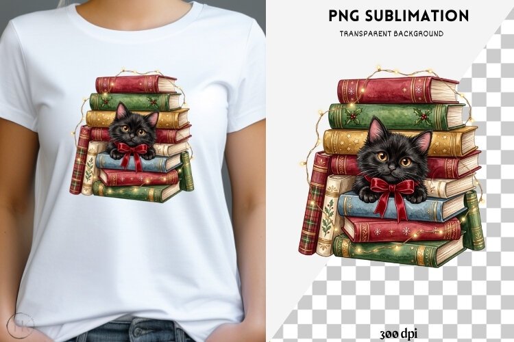 Christmas bookish cat png design for T-shirts example image 1