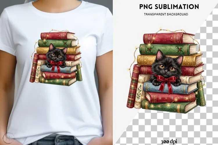 Christmas bookish cat png design for T-shirts