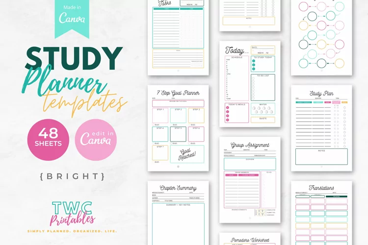 Study Planner Canva Templates | 48 Editable Pages