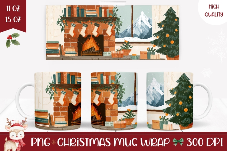 Cartoon Christmas Fireplace Mug, Christmas Tree Mug Wrap