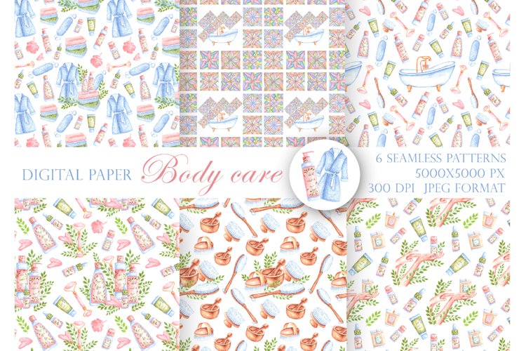 Self care watercolor digital paper, seamless pattern. Bath. example image 1