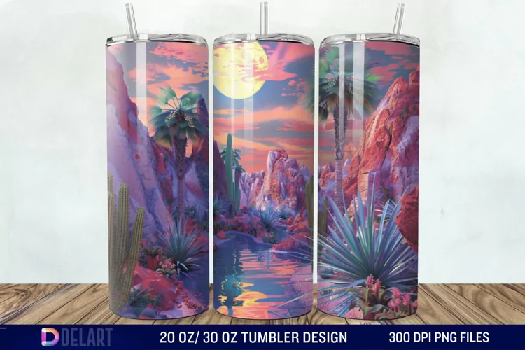 3D Tranquil Desert Oasis Stained Glass Tumbler Wrap