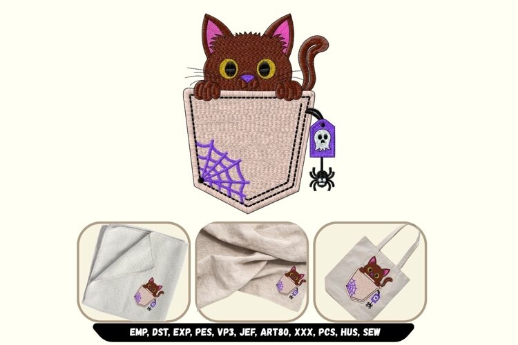 Cute Halloween Black Cat Faux Pocket Machine Embroidery example image 1