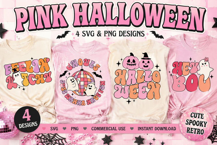 Pink Halloween SVG PNG, Retro Girly Ghost Sayings