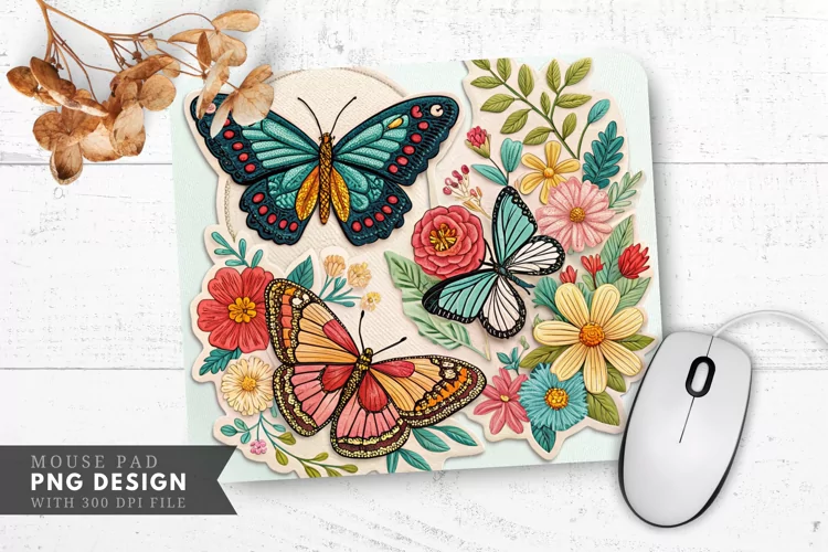 Butterfly Blooms Fabric Patch Mouse Pad PNG Design