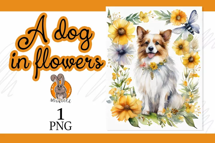 a dog in flowers, watercolor