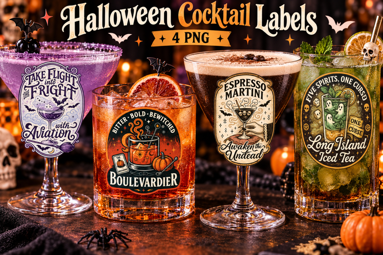 Halloween Cocktail Labels PNG, Spooky Retro Drinks