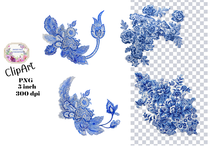 Blue Toile, Ephemera, PNG, Clipart, Junk Journal, flowers