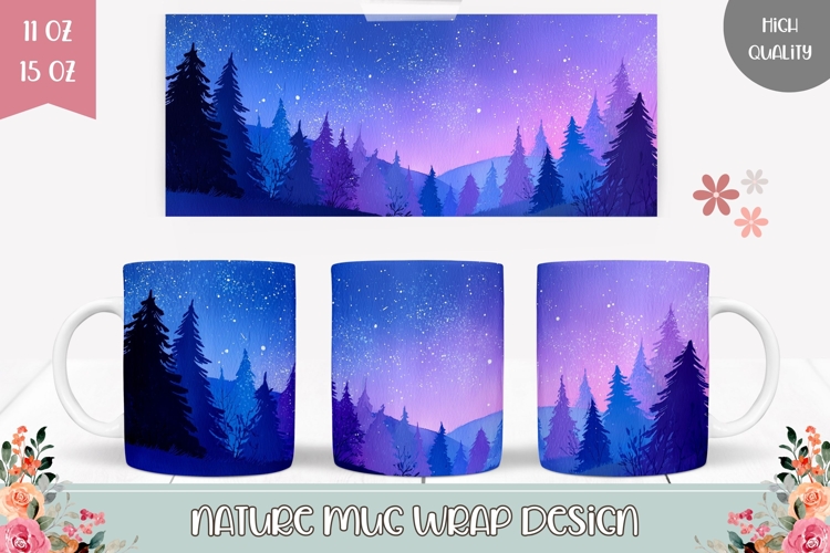 Night Sky Mug Sublimation, Forest Mug Wrap Design