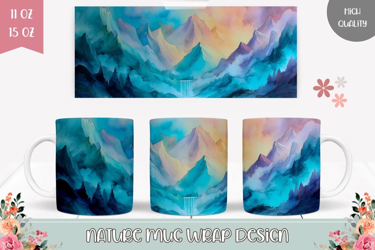 Night Sky Mug Template, Watercolor Mountains Mug Design