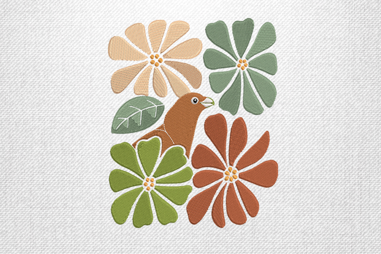 Bird with Autumn Blooms Embroidery Design File
