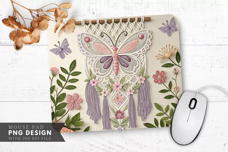 Butterfly Blossom Macramé Wall Hanging Mouse Pad PNG Design