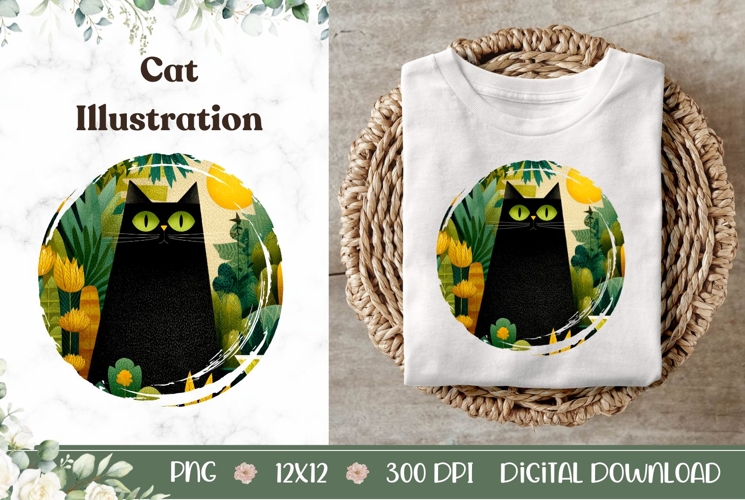 Black Cat Illustration, Cartoon Cat PNG, Flowers PNG