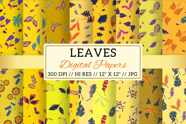 Yellow Leaf Digital Papers Patterns, Leaves, Leafy, Seamless