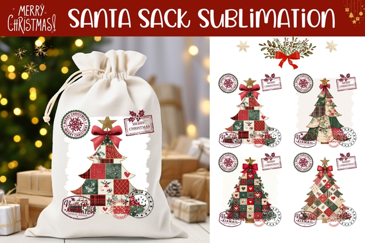Patchwork Christmas Tree Santa Sack Designs, Christmas PNG