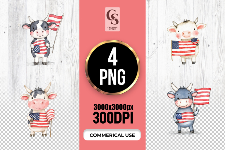 Patriotic Cow Flag Clipart Sublimation PNG