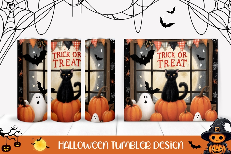 Trick Or Treat Halloween Tumbler, Halloween Black Cat Print