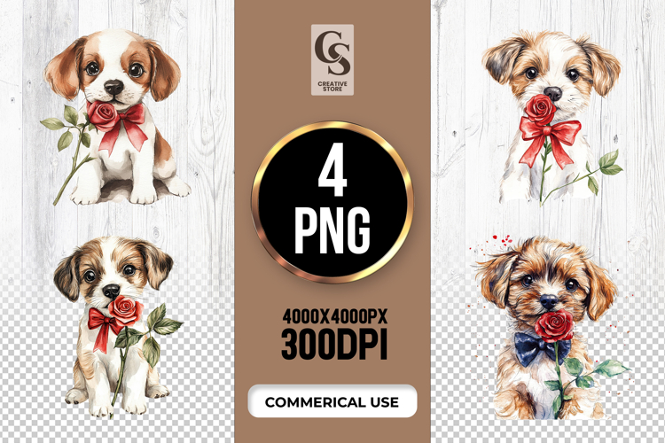 Cute Puppy with Rose Clipart Sublimation PNG
