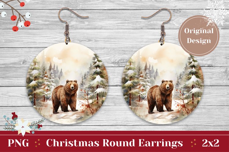 Round Christmas Earring, Watercolor Winter Bear Sublimation
