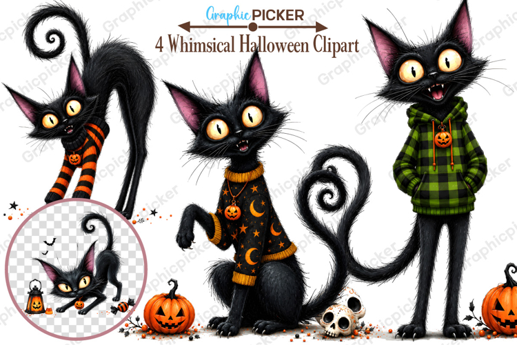 Whimsical Halloween Clipart, Whimsical Halloween Cat PNG