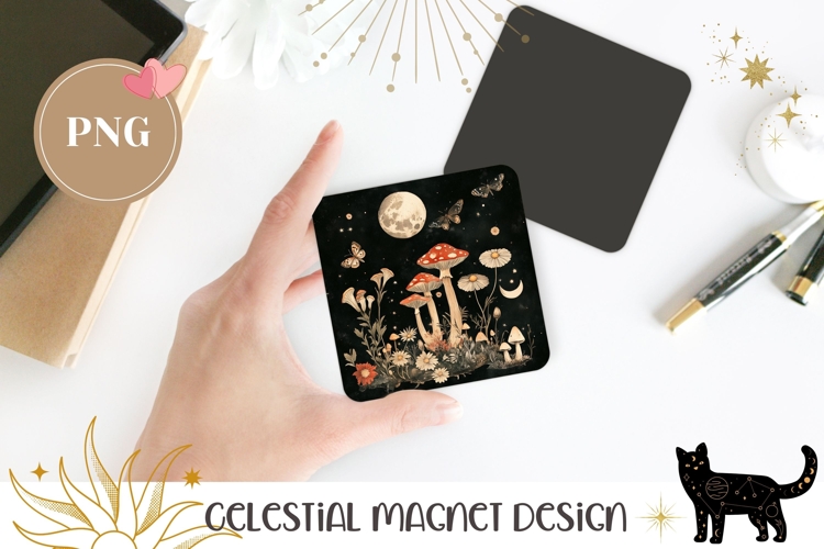 Moon Magnet, Mushrooms Magnet PNG, Moth PNG
