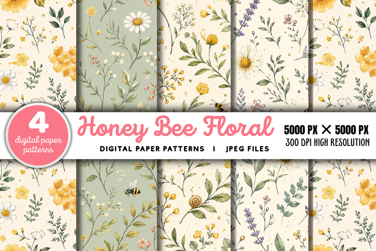 Honey Bee Floral Seamless Digital Paper JPG example image 1