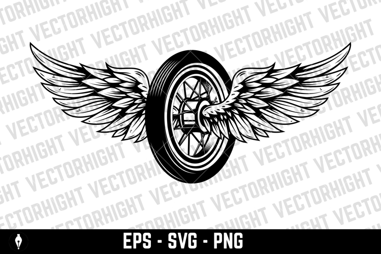 Black and white winged wheel illustration isolated on white