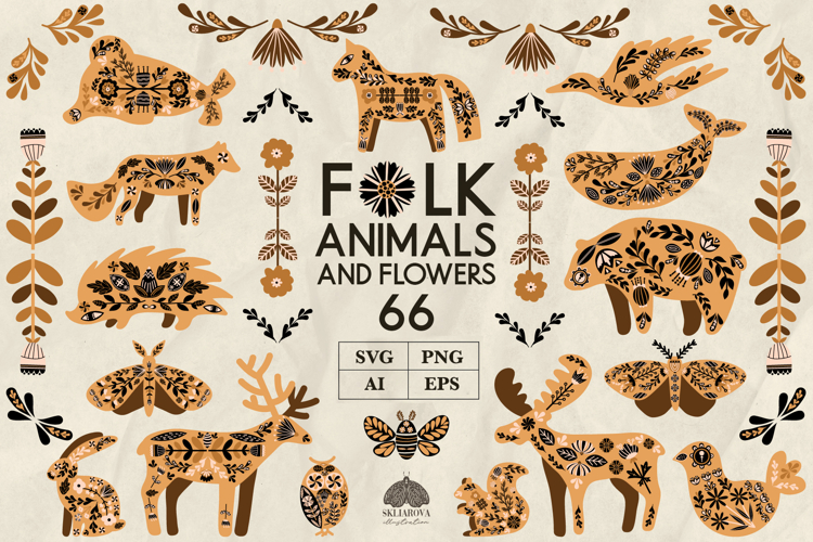 Folk Scandinavian Animals and Flowers SVG PNG EPS AI