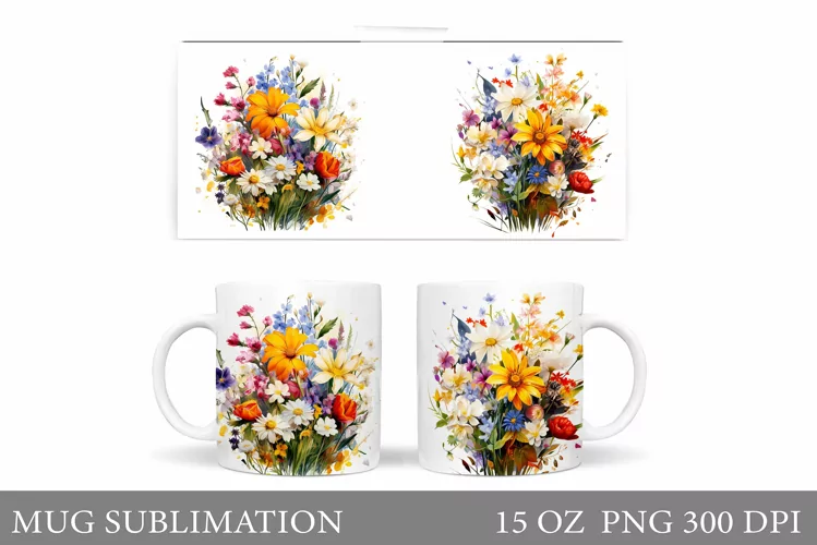 Wildflowers Mug Wrap Design. Flowers Mug Wrap Sublimation