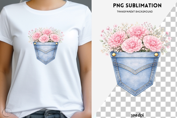 Denim pocket flowers png design for T-shirts