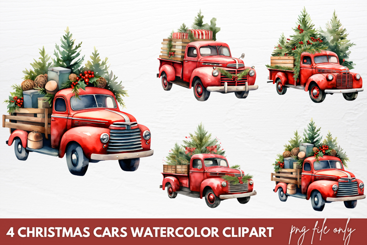 Christmas Cars Watercolor clipart PNG