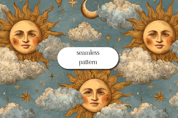 Vintage Celestial Sun Moon Clouds Seamless Pattern
