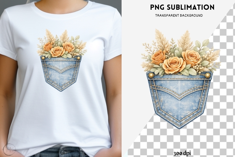 Denim pocket flowers png design for T-shirts