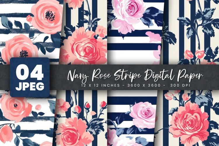 Navy Rose Stripe Digital Paper example image 1