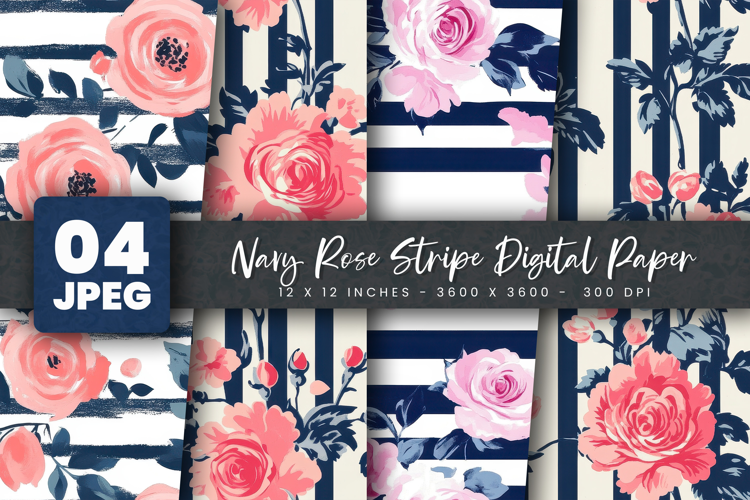 Navy Rose Stripe Digital Paper