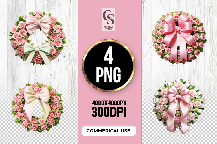 Pink Rose Wreath With Ribbons Clipart PNG
