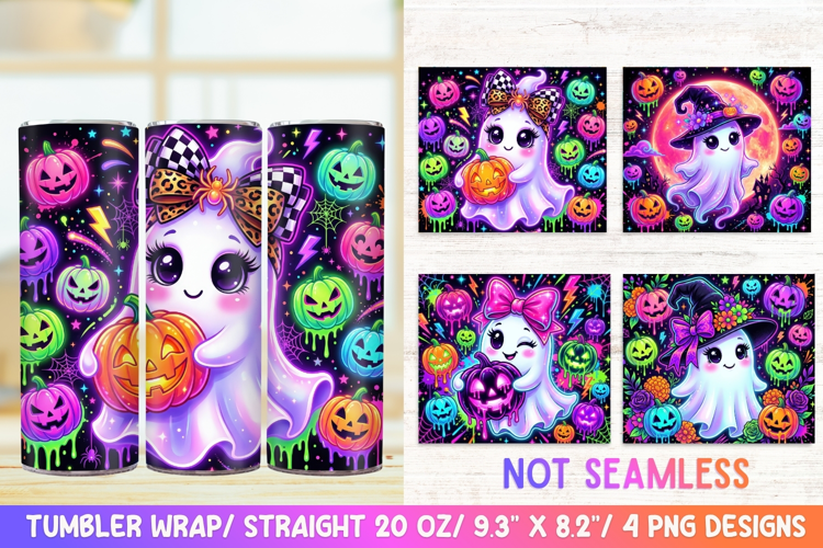 Neon Cute Ghost 20 OZ Skinny Tumbler Wrap Sublimation PNG.