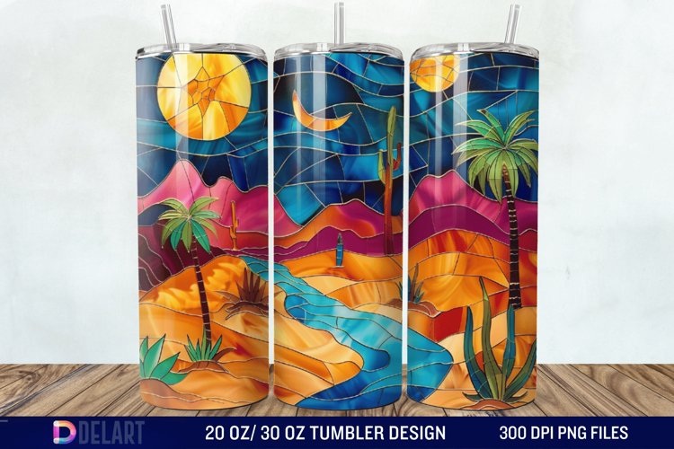 3D Tranquil Desert Oasis Stained Glass Tumbler Wrap example image 1