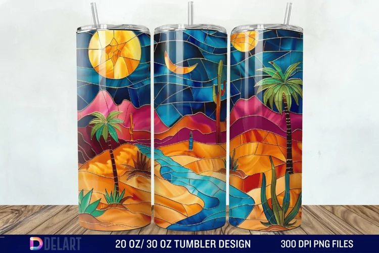 3D Tranquil Desert Oasis Stained Glass Tumbler Wrap